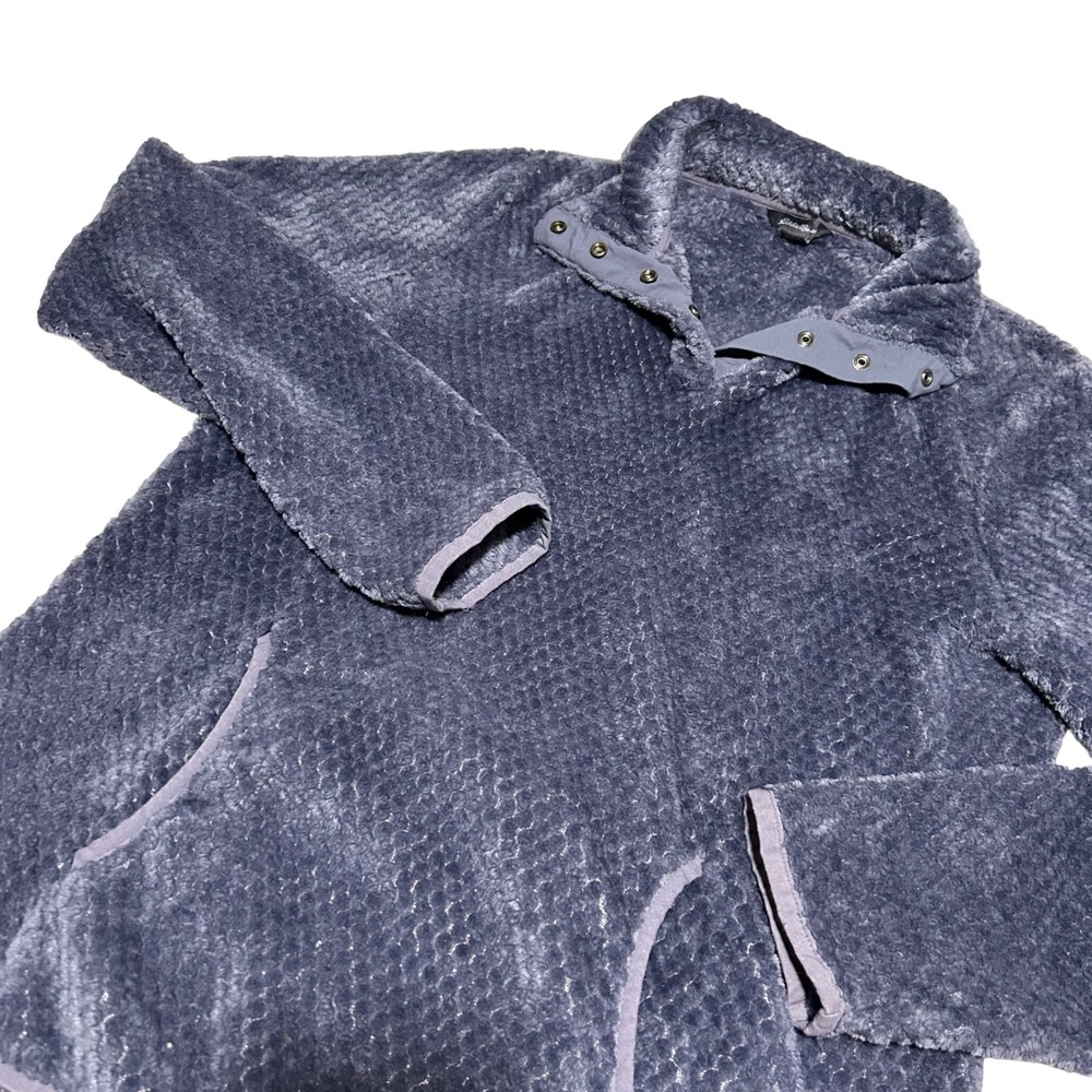 Eddie Bauer Fleece Pullover Women Medium Blue Purple Snap Neck Kangaroo Pocket